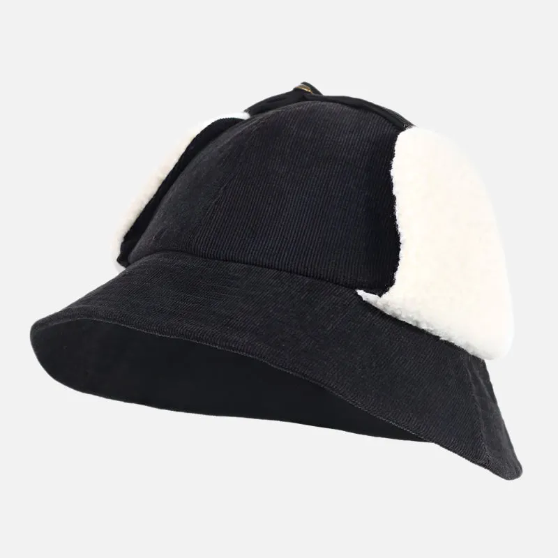Foldable Ear Flap Corduroy Bucket Hat