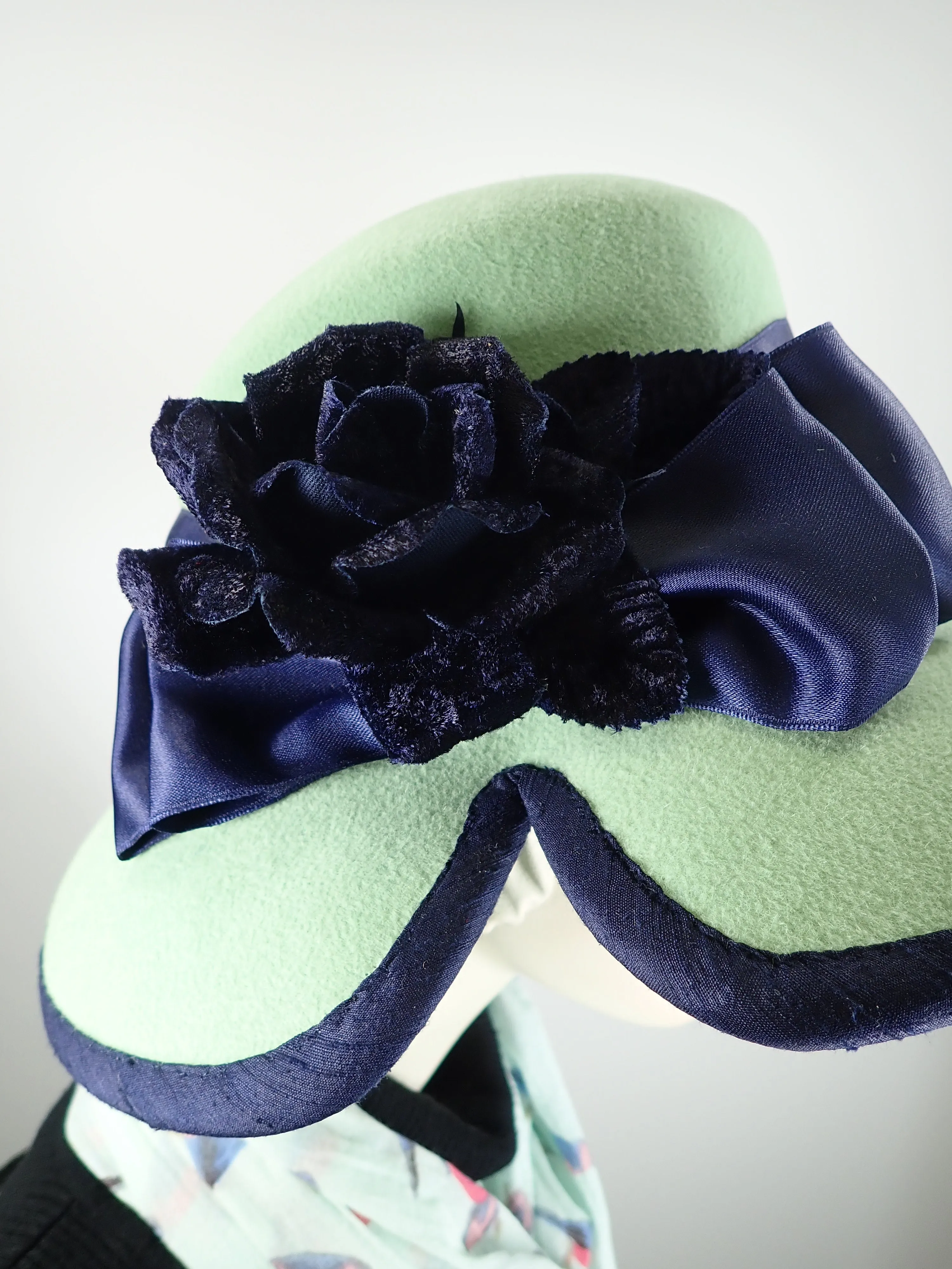 Mint green hat Downton. Navy and green womens hat. Wool felt Down brim hat. Women's dressy brim hat. Special occasion hat.