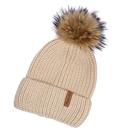 Womens Winter Hat Pom Pom Knitted Hat Caps Skullies Beige